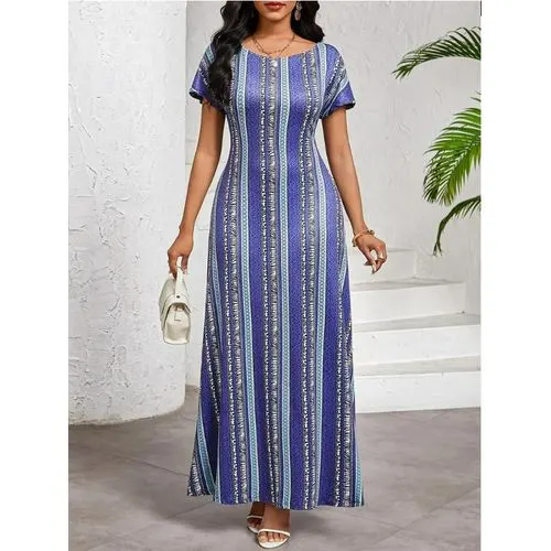 CALLIARA Highly Elastic Ethnic Print Boho Style Blue Maxi Ladies Dresses for Women