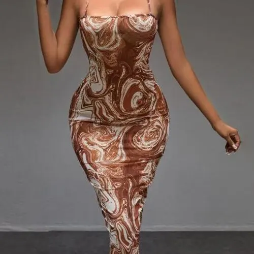CALLIARA Elegant Women's Marble Print Spaghetti Strap Bodycon Midi Dresses for Ladies